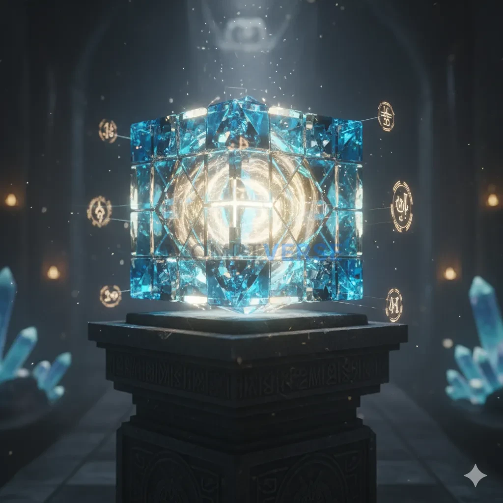 A "holocron" from a sci-fi universe, a glowing, crystalline data stora