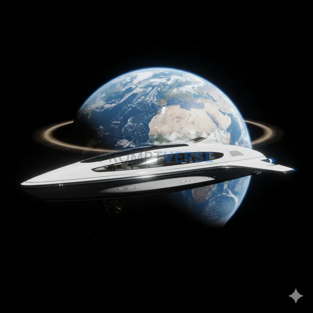 A futuristic, luxury space yacht, its minimalist design and clean whit