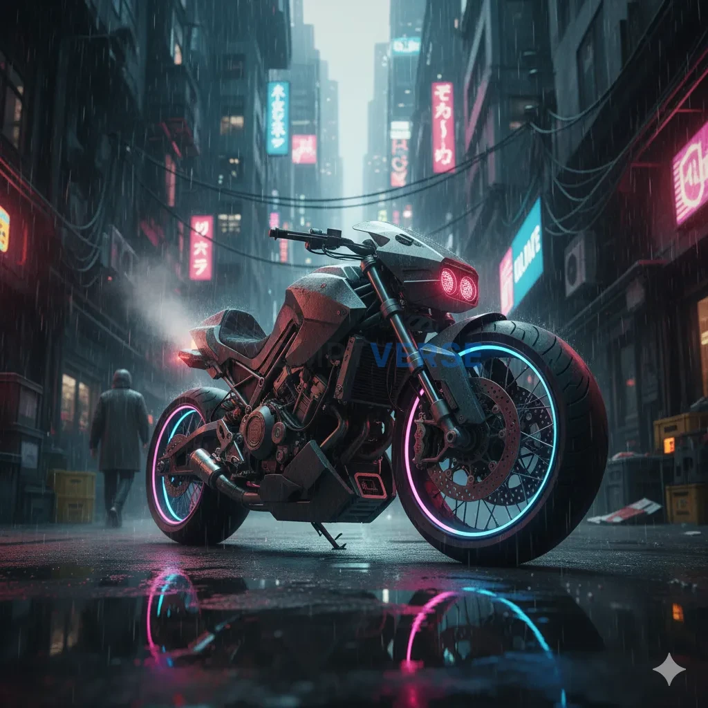 A gritty, heavily-modified cyberpunk motorcycle with glowing neon whee