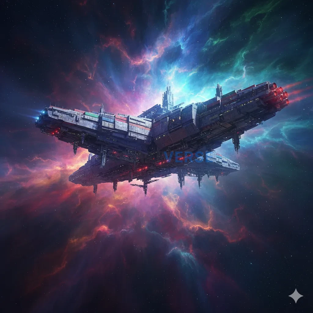 A massive, continent-sized cargo hauler starship, exiting a vibrant, m