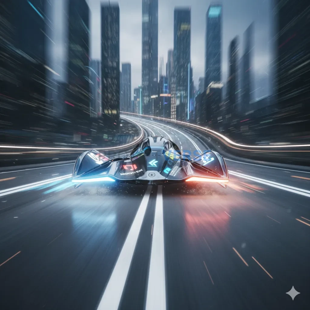 A sleek, anti-gravity racing vehicle hovering inches above a futuristi