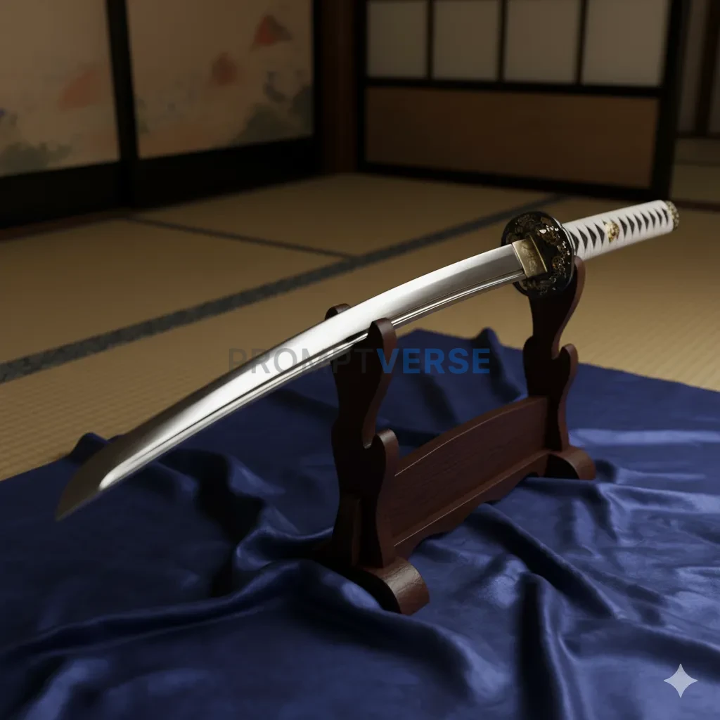 A legendary, ornate Samurai katana, its blade perfectly polished and r