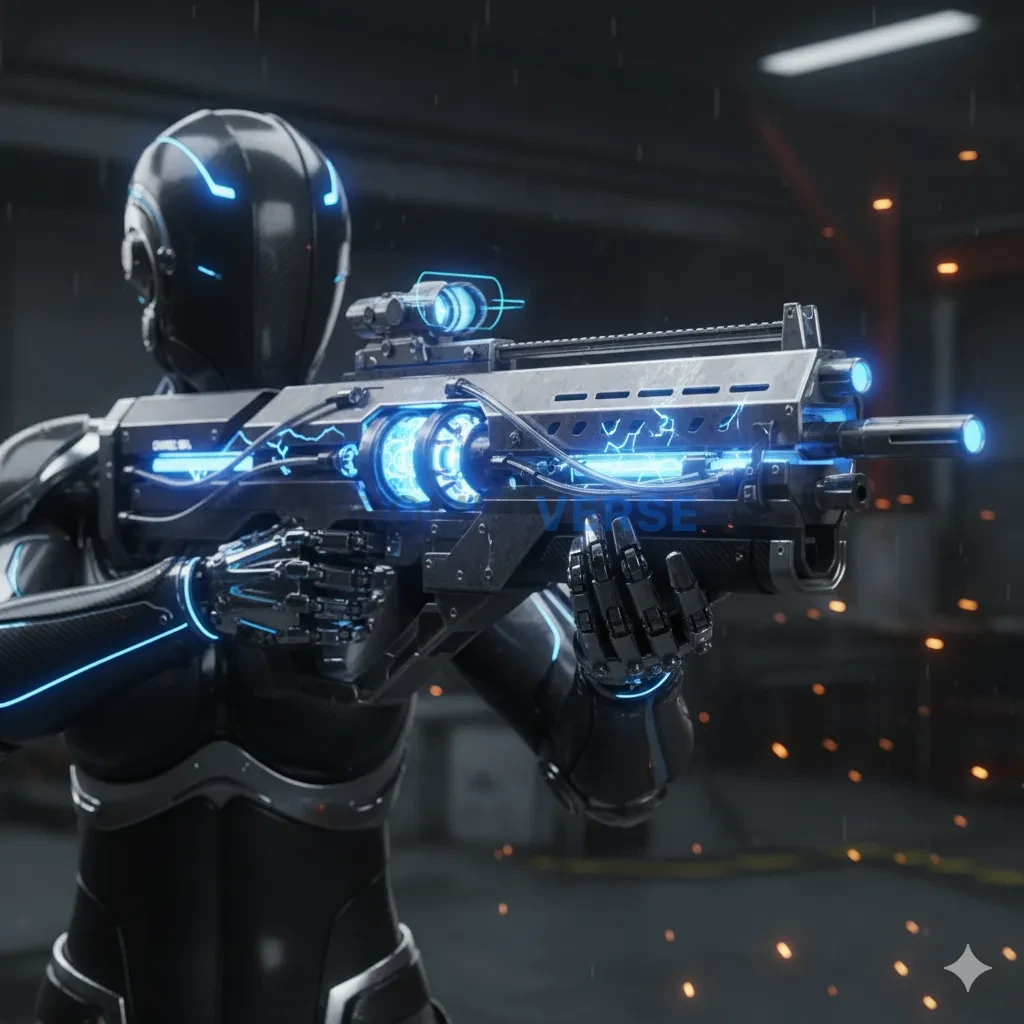 A futuristic, high-caliber plasma rifle, its coils glowing with a dang