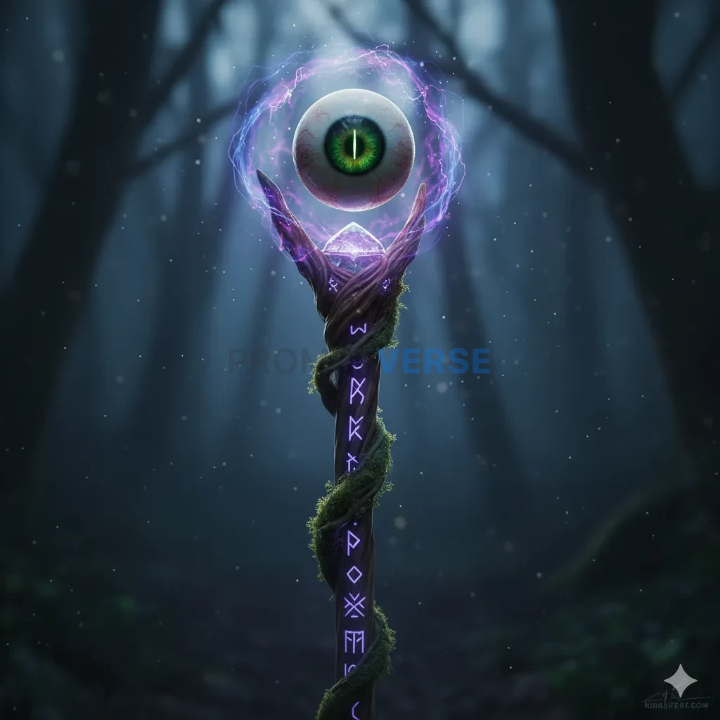 A magical staff that is topped with a perfectly preserved, floating ey